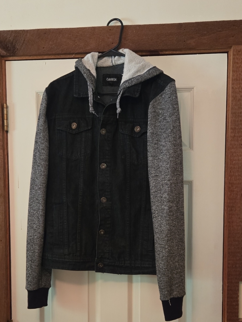 Men's Carbon Black Denim Jacket with Gray Knit Hoodie Sleeves Sz L . Like New.